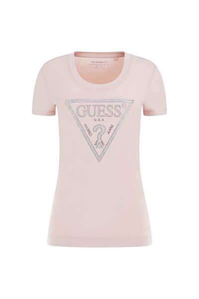 Guess Tricou roz pentru femei cu logo triunghi strălucitor