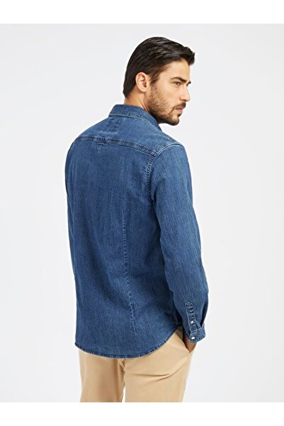 Guess Normal Gömlek Yaka Düz Mavi Erkek Denim Gömlek M4RH02D3PF4CRES_TRUCKEE L/S SHIRT -