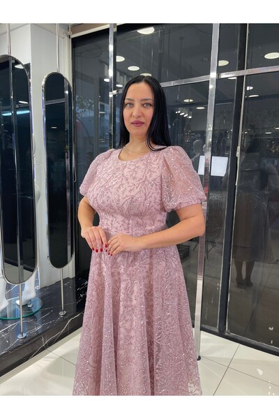 fevzuss Sim Baskı Pudra Midi Boy Büyük Beden Abiye