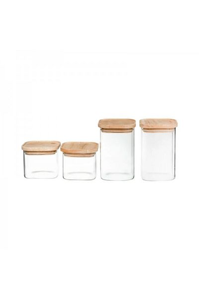 FİVE Set of 4 glass containers with wooden lids, Hermet