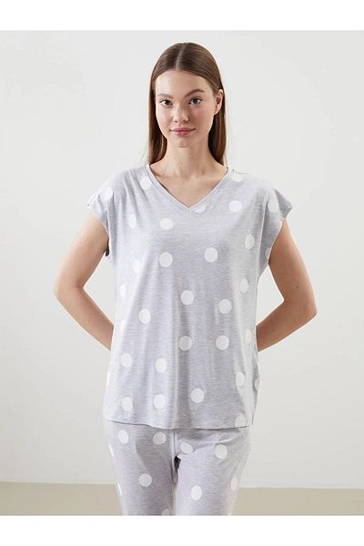LC Waikiki Gray V-Neck Polka Dot Standard Fit Combed Cotton Women's Pajama Top