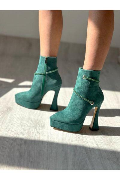 SHOEBOURNE Green Suede Pointed Toe Stylish High Heel Platform Boots with Stone Detail