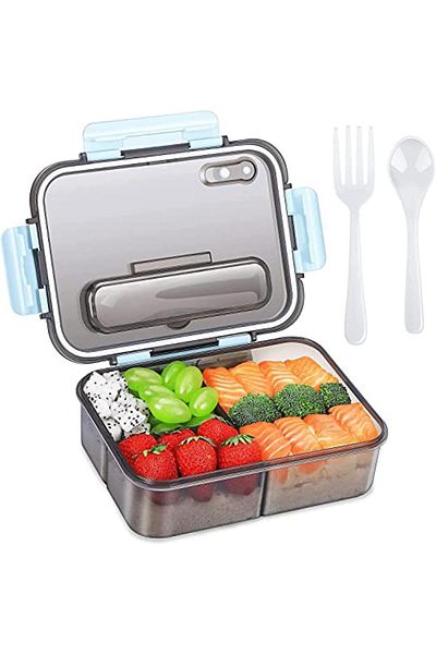 COOYA Lunch Box, 3 Compartment Leak-proof, Food Grade Plastic, with Spoon & Fork, Dishwasher Safe(Blue)