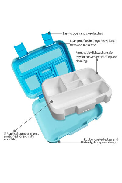 COOYA Bento Boxes with 5 Compartments, Robust Snack, 800ML With Spoon, BPA-Free(Blue)