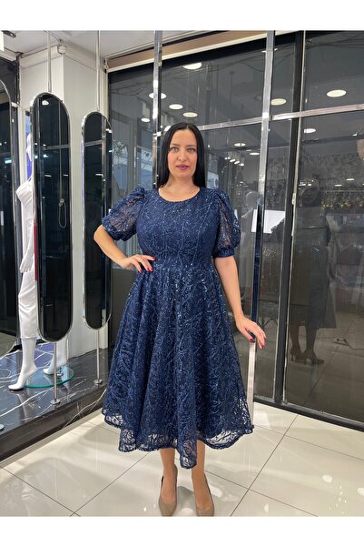 fevzuss Sim Baskı Lacivert Midi Boy Büyük Beden Abiye