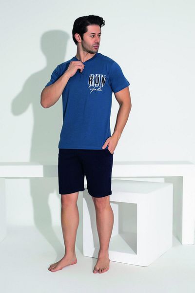Estiva Men's Summer Run Printed Short Sleeve Button Shorts Combed Cotton Pajama Set