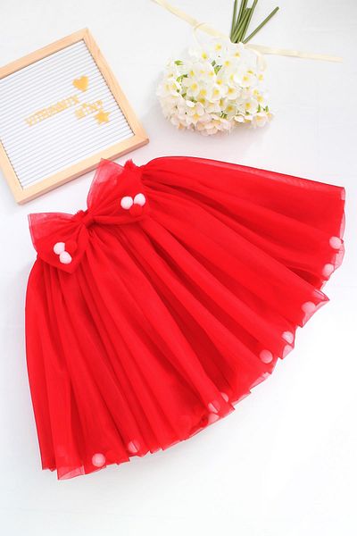 VİTRİNMİXMİNİ Dark Red Color Girl's Tutu Skirt with Pompom and Ribbon Detail - Lined