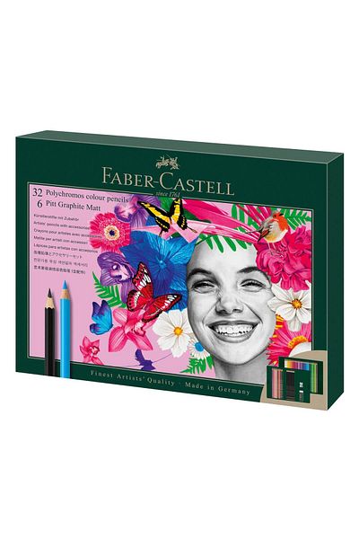Faber Castell Gift Set 32 ​​Polychromos Colored Pencils 6 Matt Graphite Pencils And Faber-Castell Accessories