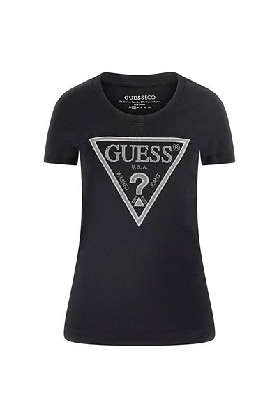 Guess Tricou negru cu logo triunghi strălucitor pentru femei
