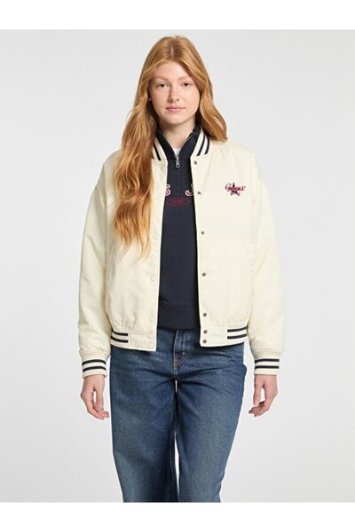 Guess Jeans Women's Varsity Jacket Stripe Detailed Beige Jacket