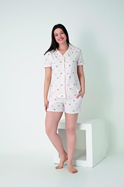Estiva Women's Summer Polka Dot Buttoned Shorts Combed Cotton Lycra Pajama Set