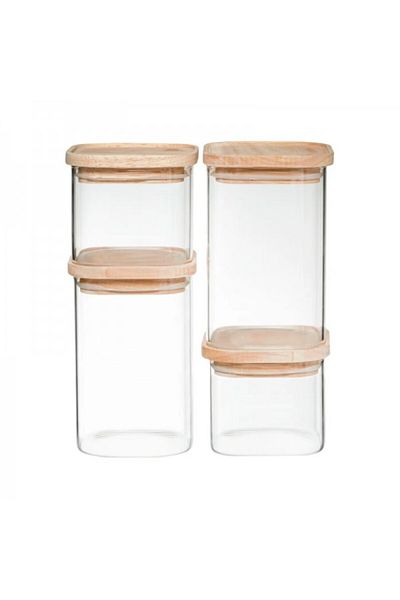 FİVE Set of 4 glass containers with wooden lids, Hermet