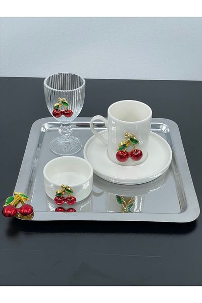 YzHome 2-Person Cherry Porcelain Coffee Cup Set Set Coffee Side Cups and Square Metal Presentation Tray