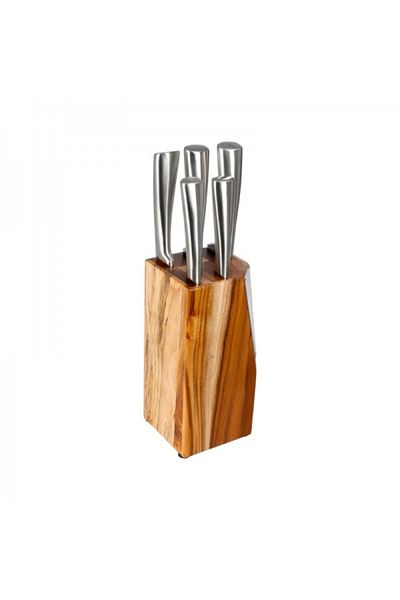 FİVE Set of 5 Stainless Steel Knives with Acacia Wood Stand, Chef Cut
