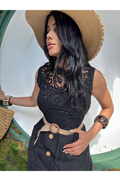 BRGCLOTHING Halter Yaka Üst Güpür Detaylı Düğmeli Hasır Kemerli Özel Tasarım ...