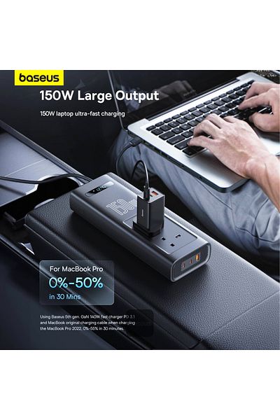 Baseus 150W Car Power Inverter | 12V to 220V | Smart Display | USB & Type-C PD Charger – BASEUS