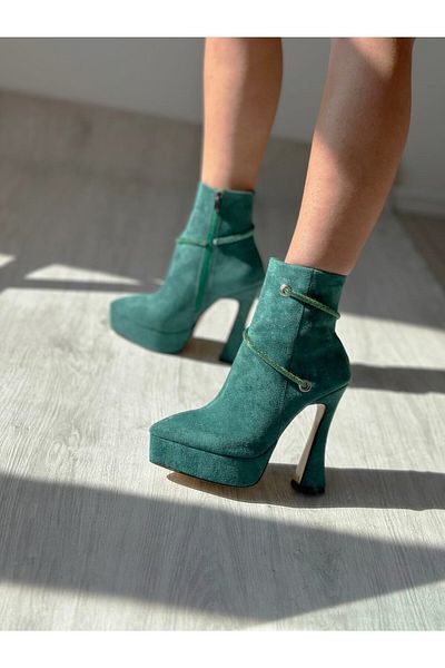 SHOEBOURNE Green Suede Pointed Toe Stylish High Heel Platform Boots with Stone Detail