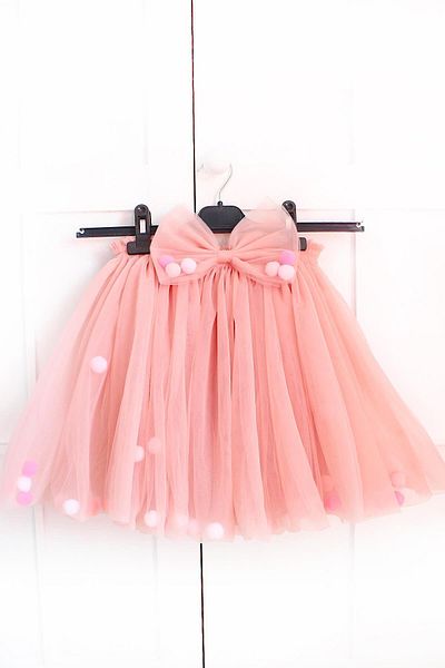 VİTRİNMİXMİNİ Salmon Color Play Children's Tutu Skirt with Pompom and Ribbon