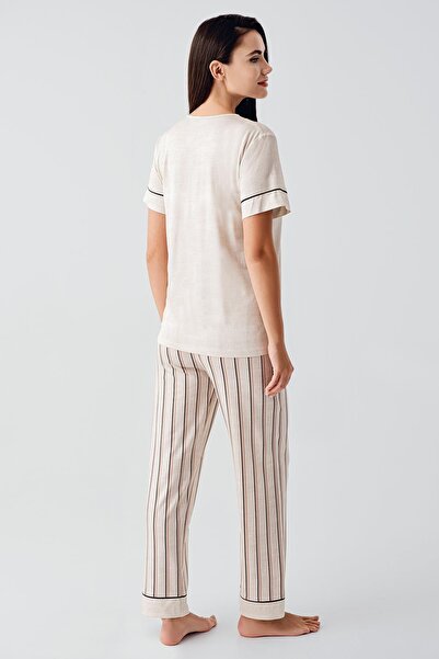 Artış Short Sleeve Striped Buttoned Flexible Viscose Pajamas Suit