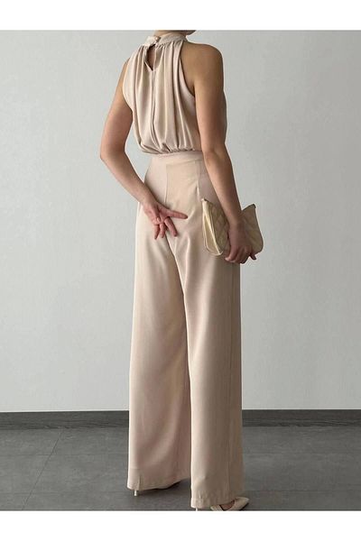 Diemmood Women's Halter Neck Crepe Fabric Jumpsuit