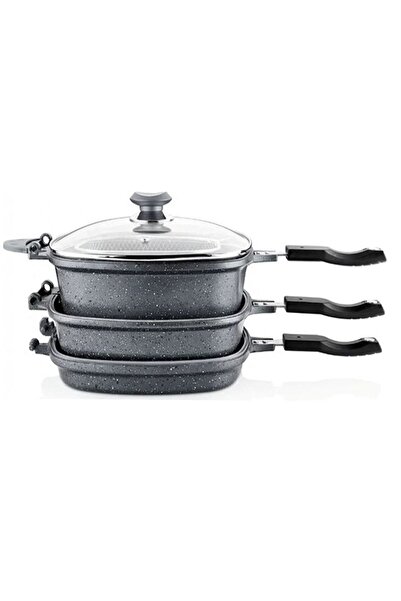 OMS 3224 7 Parça Bio Granit Multi Cooker Set 26x26 Cm Gri