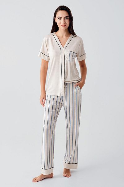 Artış Short Sleeve Striped Buttoned Flexible Viscose Pajamas Suit
