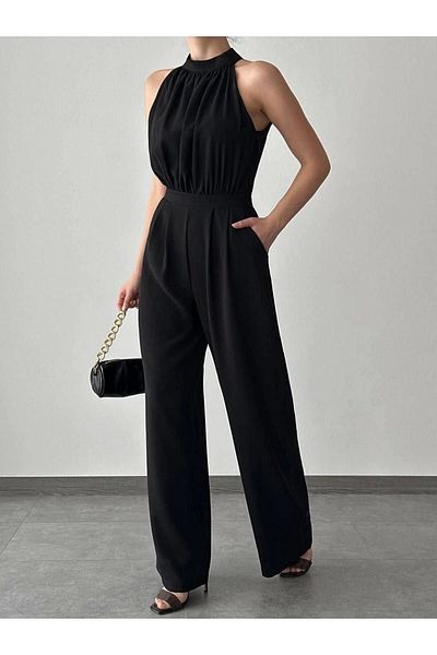 Diemmood Women's Halter Neck Crepe Fabric Jumpsuit
