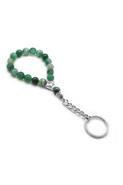 Tesbihane Green Agate Natural Stone-chrome Steel Combination Rosary Keychain