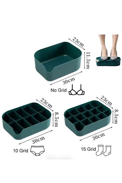 COOYA 3 PCS Underwear Storage Organizer, Save Space Storage Box with Lid (Green 0/15/10 Grid)