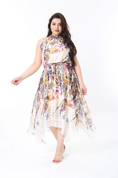 Şans Rochie asimetrică cu guler colorat, cu talie elastică, cu tivul fustei, mărime mare 65N38837