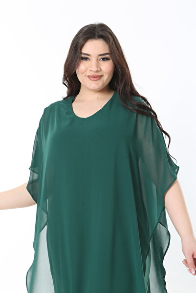 Şans Γυναικείο βραδινό φόρεμα με πράσινο σιφόν μανδύα με λεπτομέρεια πέτρας 65N38850