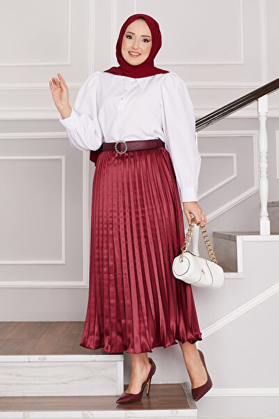 EBRUTESETTÜR Saten Piliseli Etek Bordo