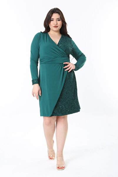 Şans Women's Plus Size Green Lace Detailed Long Sleeve Wrap Dress 65N38848