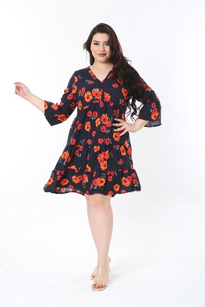 Şans Women's Plus Size Black V-Neck Skirt Layered Dress 65N38845