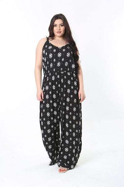 Şans Women's Large Size Black Suspender Wide Leg Elastic Waist Relaxed Cut Jumpsuit 65N38852