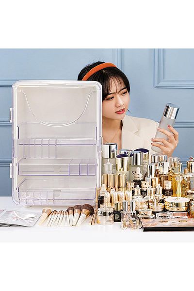 COOYA Cosmetic Storage Cabinet, Dustproof Box, with Removable Partition, for Jewelry and Skin Care (White)