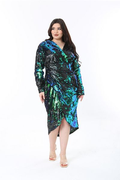 Şans Women Plus Size Green Sequin Detailed Lined Long Sleeve Evening Dress 65N38849
