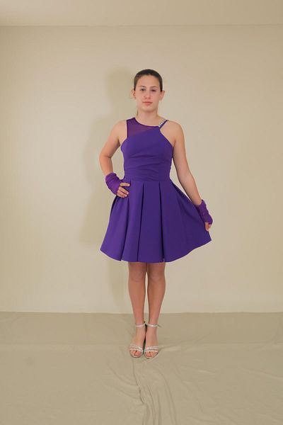 BUTİKHAPPYKİDS Girl's Evening Dress Crepe Fabric Purple One Shoulder Tulle Strap Short Evening Dress with Gloves 10-15 Years