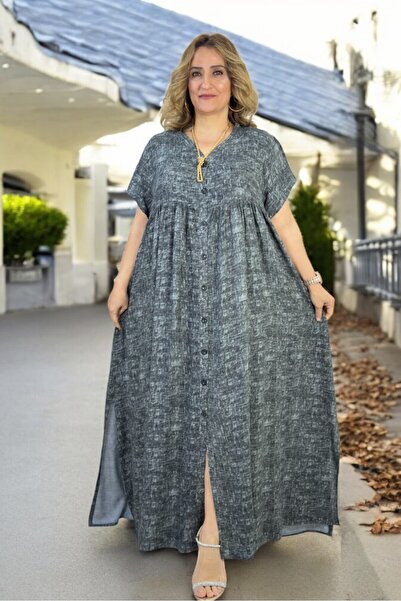 yagmurberen Front to Back Button Slit Cotton Viscose Robes Large Size Flare Dress