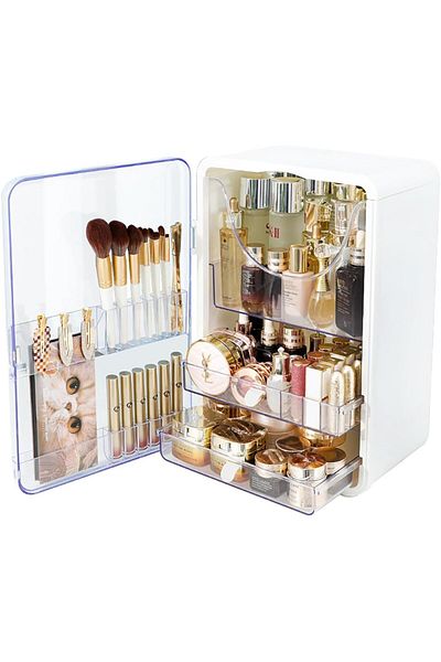 COOYA Cosmetic Storage Cabinet, Dustproof Box, with Removable Partition, for Jewelry and Skin Care (White)
