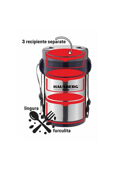 Hausberg Termoska HB H1461 obědový box, 2 litry, nerezová ocel, 3 nádoby, lžíce, vidlička, nerezová ocel