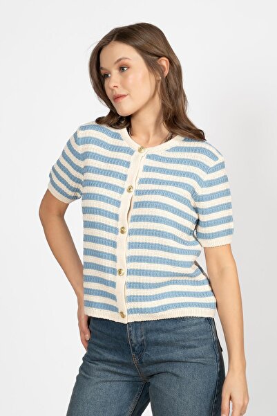 RTD&VLD Women's Vita-189 Stripe Gold Button Short Sleeve Knitwear Blouse Blue