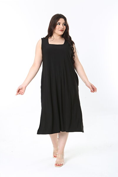 Şans Women's Large Size Black Square Collar Relaxed Cut Buzy Fabric Dress 65N38851