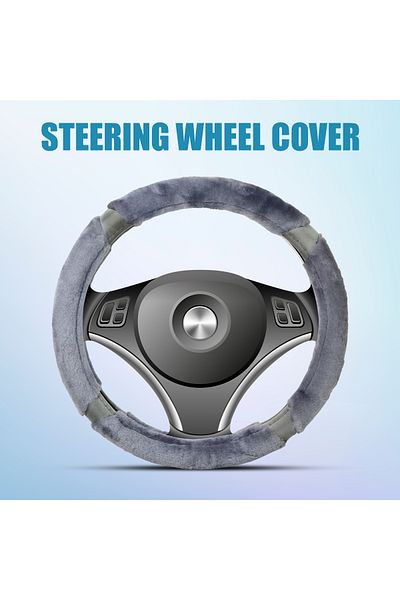 AGC Fluffy Steering Wheel Cover Smooth Fur Premium Car Steering Cover Size Medium 38cm Grey