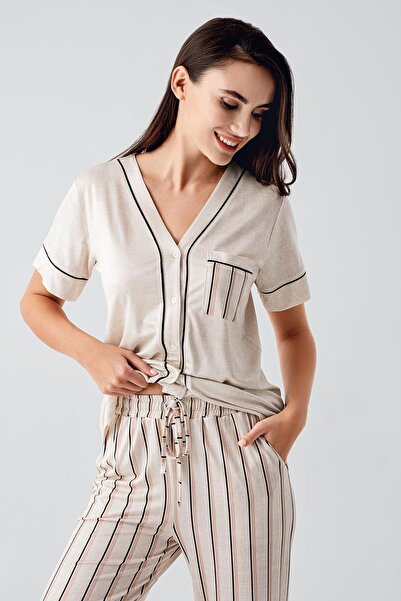Artış Short Sleeve Striped Buttoned Flexible Viscose Pajamas Suit