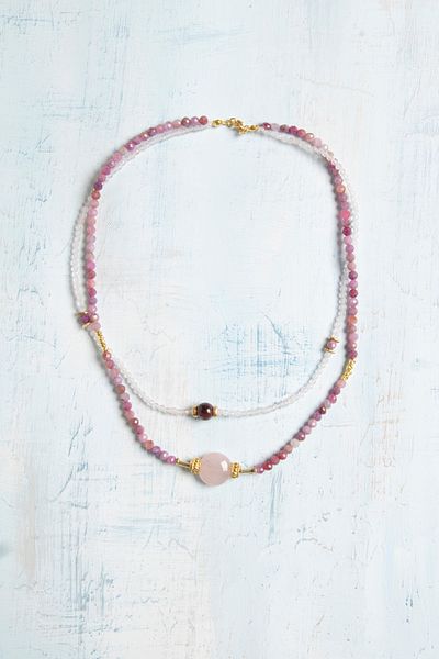 Deniz Doğal Taş Certified Tourmaline, Pink Quartz & Garnet Special Design Necklace Set