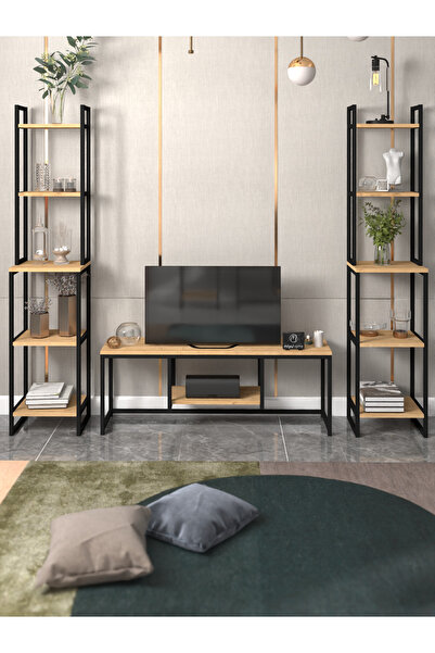 moniev Bade TV Ünitesi Yaşam Ünitesi Seti Metal Kitaplıklı Dekoratif TV Ünitesi Çok Amaçlı 3'lü Set Safir