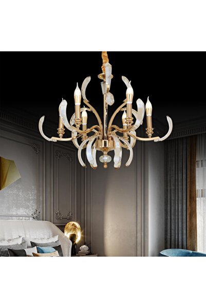 Apliqa Ronja 6'lı Bakır Eskitme Kristal Taşlı Avangart Salon Avize