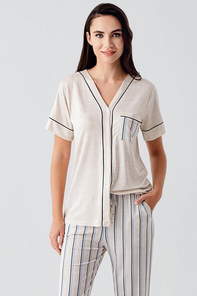 Artış Short Sleeve Striped Buttoned Flexible Viscose Pajamas Suit