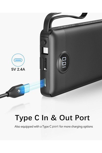 erorex بنك طاقة 10000 مللي أمبير مع كابلات مدمجة وشاحن محمول USB C 5 مخرج ومدخلين وشاشة LED